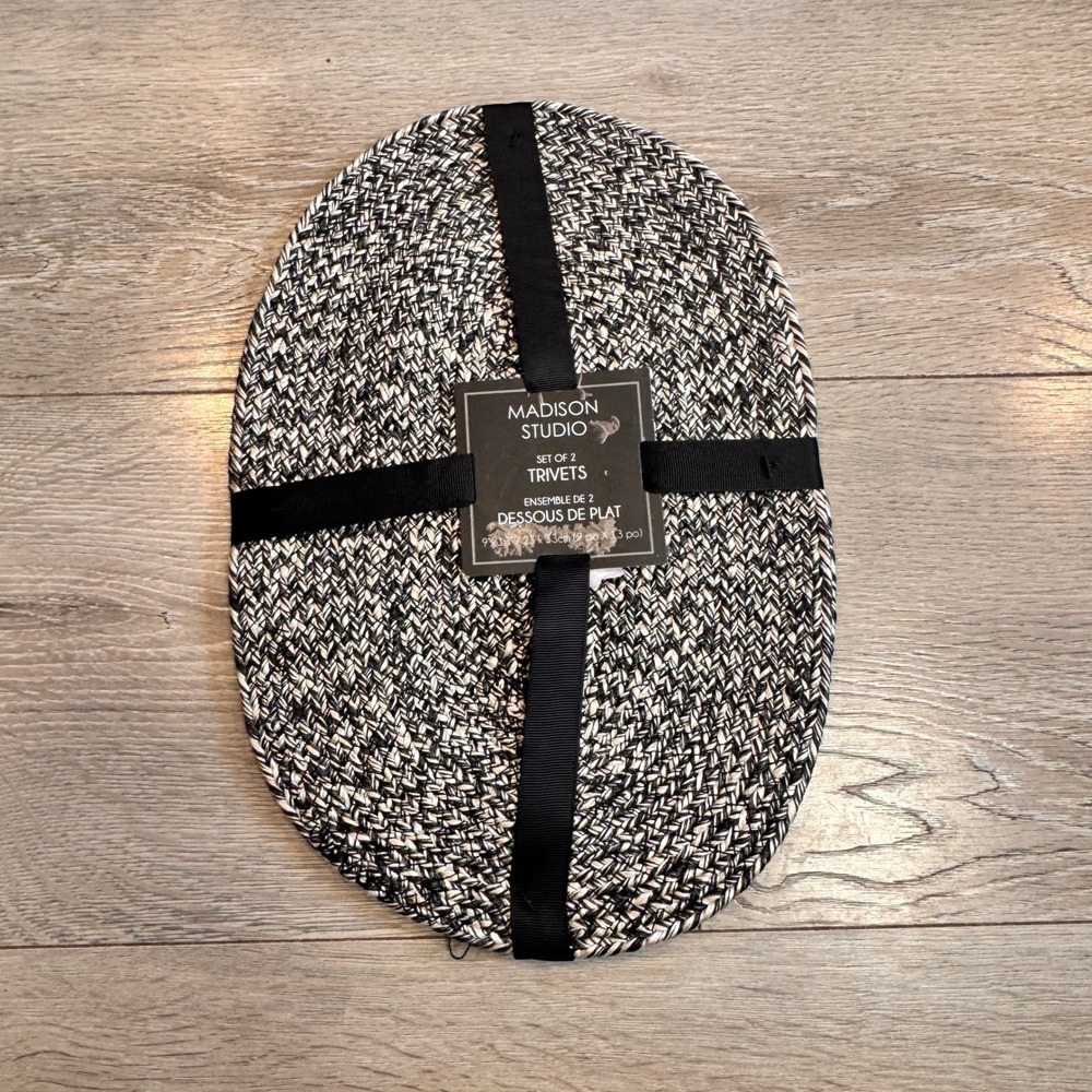 NWT Madison Studio Set of 2 Oval Woven Trivets Black‎ White Textured Modern